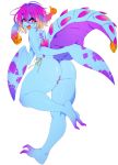  2017 anthro big_tail blue_skin clothing cteno digital_media_(artwork) eyewear female flat_chested freckles glasses hair hi_res humanoid looking_at_viewer monster monster_girl_(genre) mostly_nude multi_arm multi_limb open_mouth panties pink_hair purple_eyes scalie simple_background solo thick_tail thick_thighs thumbs_up underwear yeagar yellow_sclera 