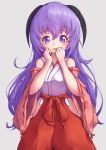  1girl absurdres arms_up b7669726 detached_sleeves hakama hakama_pants hand_to_own_mouth hanyuu highres higurashi_no_naku_koro_ni horns japanese_clothes long_hair miko purple_eyes purple_hair shirt smile solo white_shirt 