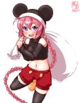  1girl alternate_costume animal_ears artist_logo black_legwear blue_eyes braid breasts commentary_request cosplay cowboy_shot crop_top dated detached_sleeves disney eyebrows_visible_through_hair hair_between_eyes highres kanon_(kurogane_knights) kantai_collection long_hair looking_at_viewer mickey_mouse mickey_mouse_(cosplay) mickey_mouse_ears mouse_ears mouse_tail navel nenohi_(kantai_collection) open_mouth pink_hair red_shorts revision sack shorts simple_background single_braid small_breasts solo tail thighhighs turtleneck white_background yellow_footwear 