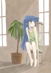  barefoot blue_hair chair dress feet furude_rika green_skirt higurashi_no_naku_koro_ni long_hair purple_eyes sitting skirt solo sumiya_takashi tree 