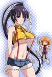  blush breasts cosplay costume_switch denim denim_shorts halftone halftone_background kasumi_(pokemon) kasumi_(pokemon)_(cosplay) large_breasts long_hair midriff multiple_girls natsume_(pokemon) natsume_(pokemon)_(cosplay) navel orange_hair pokemon pokemon_(anime) pokemon_(game) pokemon_rgby ponytail purple_hair red_eyes satsuki_imonet short_hair shorts suspenders thighhighs translated underboob very_long_hair 