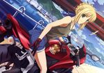  abe_tatsuya absurdres ahoge artoria_pendragon_(all) blonde_hair denim denim_shorts dutch_angle fate/stay_night fate_(series) gloves green_eyes ground_vehicle highres looking_back motor_vehicle motorcycle on_motorcycle saber shorts solo tank_top 