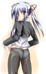  ass blue_hair blush copyright_request no_pants panties panties_under_pantyhose pantyhose red_eyes ryokushiki_(midori-ya) solo twintails underwear 