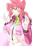  blush breast_grab breasts celestial_being_uniform cropped_jacket feldt_grace grabbing gundam gundam_00 large_breasts meedas pink_hair solo_focus 