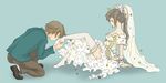  1girl bridal_veil bride chiri dress feet foot_worship garters genderswap genderswap_(mtf) holding_another's_foot koizumi_itsuki kyonko leg_lift one_knee sitting suzumiya_haruhi_no_yuuutsu thighhighs tiara veil wedding_dress 