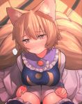  ... 2girls animal_ear_fluff animal_ears bangs blonde_hair blush breasts brown_eyes commentary_request dress eyebrows_visible_through_hair fox_ears fox_tail frilled_shirt_collar frills from_above hair_between_eyes highres indoors kneeling large_breasts long_sleeves looking_to_the_side masanaga_(tsukasa) multiple_girls multiple_tails no_hat no_headwear nose_blush petticoat pov purple_dress short_hair solo_focus spoken_ellipsis standing sweat tabard tail tatami thighhighs thighs touhou white_dress white_legwear yakumo_ran yakumo_yukari zettai_ryouiki 