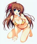  barefoot bikini blue_eyes breasts brown_hair cleavage copyright_request flower food hair_flower hair_ornament hibiscus highres huge_breasts kneeling long_hair one_side_up popsicle sexually_suggestive solo swimsuit tomose_shunsaku tongue 