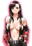  belt breasts brown_hair earrings elbow_gloves final_fantasy final_fantasy_vii fingerless_gloves gloves jewelry large_breasts long_hair naked_suspenders navel overalls red_eyes revealing_clothes smile solo suspenders tifa_lockhart topless ueyama_michirou 
