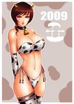  2009 animal_print bell bell_collar bikini breasts brown_hair cleavage collar cow_girl cow_print elbow_gloves garters gloves horns large_breasts mole mole_under_eye momoman_(pink_voltage) new_year original purple_eyes short_hair side-tie_bikini solo swimsuit thighhighs 