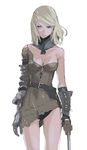  armor asymmetrical_clothes belt black_panties blonde_hair blue_eyes breasts cleavage detached_collar enami_katsumi gauntlets gloves medium_breasts original panties simple_background smile solo sword underwear weapon 