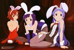  absurdres all_fours animal_ears aoba_tsugumi back bare_back blue_hair bow breasts bunny_ears bunny_girl bunny_tail bunnysuit cleavage from_behind grin hand_on_hip highres kannagi long_hair medium_breasts megami multiple_girls nagi noda_yasuyuki non-web_source official_art pantyhose purple_eyes purple_hair red_eyes red_hair short_hair small_breasts smile tail very_long_hair wrist_cuffs zange 