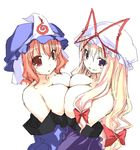  :o bad_id bad_pixiv_id bare_shoulders blonde_hair bow breast_press breasts cleavage clothes_down hair_bow hat kaneru large_breasts long_hair looking_at_viewer multiple_girls oekaki pink_hair purple_eyes red_eyes saigyouji_yuyuko short_hair simple_background smile symmetrical_docking touhou veil very_long_hair white_background yakumo_yukari 