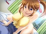  :p apron asahi_(fullmetal_madness) ass assertive bed bedroom blue_eyes blush breasts brown_hair cleavage covered_nipples cowgirl_position dutch_angle game_cg girl_on_top hair_ribbon harem_x_scratch kimii_nao large_breasts naked_apron naughty_face ponytail pov ribbon solo straddling tongue tongue_out window 