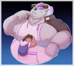  anthro behemoth_(housamo) blush clothing face_in_chest fur hair hi_res hoodie horn human human_on_anthro infinitynebula interspecies male mammal monster nipples pecs purple_hair size_difference tokyo_afterschool_summoners video_games white_fur 