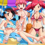  akane_(pokemon) asuna_(pokemon) barefoot bent_over bikini black_hair breasts brown_eyes cleavage covered_nipples day feet food gen_3_pokemon gen_4_pokemon gym_leader ice_cream large_breasts lotion medium_breasts multiple_girls open_mouth pelipper pink_eyes pink_hair piplup pokemoa pokemon pokemon_(creature) pokemon_(game) pokemon_dppt pokemon_gsc pokemon_rse red_eyes red_hair regice sealeo side-tie_bikini smile suzuna_(pokemon) sweat swimsuit tongue torkoal underboob visor_cap 