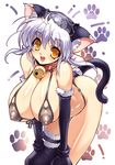  animal_ears bell bell_collar bent_over breasts cat_ears cat_tail cleavage collar covered_nipples elbow_gloves fang fangs gloves hands_on_own_knees highres huge_breasts ishida_hiroyuki leaning_forward nipples original paw_print puffy_nipples see-through short_hair smile solo tail thighhighs white_hair yellow_eyes 