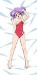  absurdres alternate_hairstyle armpits barefoot breasts cameltoe dakimakura feet full_body highres hiiragi_kagami huge_filesize incredibly_absurdres lucky_star medium_breasts nipples one-piece_swimsuit open_mouth purple_hair solo sugimura_tomokazu swimsuit 