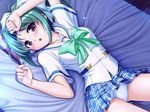  bed bekkankou blush brown_eyes green_hair lying non-web_source panties pillow school_uniform short_hair solo tooyama_midori underwear yoake_mae_yori_ruri_iro_na 