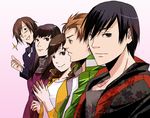  3boys bad_id bad_pixiv_id black_eyes black_hair brown_eyes brown_hair hanaori_kotoha hood hoodie ikenami_ryuunosuke kazuki_(kazu-king) mole mole_under_mouth multiple_boys multiple_girls samurai_sentai_shinkenger sentai shiba_takeru shiraishi_mako super_sentai tani_chiaki thumbs_up turtleneck 