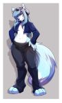  black_nose blue_fur blue_hair canid canine clothing eyewear fluffy fluffy_tail fox fur girly goggles hair lapres long_hair looking_at_viewer male mammal pants shirt simple_background wide_hips 