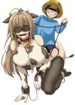  1boy 1girl all_fours amagi_brilliant_park animal_ears animal_print antenna_hair bangs bare_shoulders bell bit_gag black_legwear blindfold breast_press breasts brown_hair censored commentary_request cow_bell cow_ears cow_horns cow_print cow_tail cuffs elbow_gloves erect_nipples gag gloves grin handcuffs hanging_breasts horns identity_censor large_breasts long_hair ribeiku riding sento_isuzu simple_background smile sweat tail thighhighs white_background 