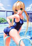  :o absurdres arched_back armpits ass blonde_hair bosshi cameltoe competition_school_swimsuit crotch_rub flat_chest green_eyes hand_on_ass highres lane_line one-piece_swimsuit open_mouth original petite pool pool_ladder school_swimsuit solo swimsuit twintails twisted_torso wet 