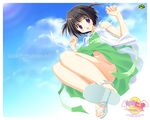  2006 :o bangs bare_arms black_hair blush cloud convenient_leg copyright_name day dress from_below full_body green_dress jumping kadoi_aya logo looking_down navel no_panties open_mouth outline outside_border purple_eyes sandals short_hair sky sleeveless sleeveless_dress solo tamatama tareme twintails upskirt wakui_saki wallpaper watermark web_address 