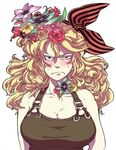  angry bandana blonde_hair blue_eyes blush breasts cleavage curly_hair dragon_ball dragon_ball_(classic) flower hair_flower hair_ornament kouta_(fxpdj) large_breasts long_hair lunch_(dragon_ball) overalls ribbon solo sweat 