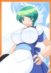  apron bad_id bad_pixiv_id blue_eyes breasts green_hair hand_on_hip huge_breasts koubeya_uniform short_hair solo tray waitress za_(artist) zoom_layer 