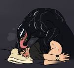  5bluetriangles anal anal_penetration blush clothed clothing eddie_brock from_behind_(disambiguation) human male male/male mammal marvel partially_clothed penetration simple_background size_difference smile symbiote tongue venom_(marvel) 