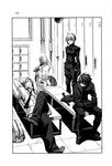  2girls arms_up couch dress_shirt felli_loss full_body greyscale highres koukaku_no_regios layfon_alseif long_sleeves lying miyuu monochrome multiple_boys multiple_girls necktie nina_antalk on_back pants sharnid_elipton shirt short_hair spread_legs standing table zuellni_police_uniform 