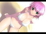  bikini blush breasts cleavage covered_nipples dutch_angle final_fantasy final_fantasy_v green_eyes hima large_breasts lenna_charlotte_tycoon letterboxed looking_at_viewer pink_hair short_hair sitting solo swimsuit 