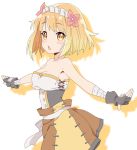  1girl blonde_hair check_commentary commentary commentary_request cp9a endro! fai_fai fingerless_gloves gloves hairband shadow short_hair shorts solo strapless white_background yellow_eyes 