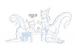  2019 animal_humanoid anus barefoot beverage breasts butt dialogue dragon_humanoid duo female hair horn humanoid kneeling koopacap long_hair monochrome pussy short_hair simple_background surprise table tea transformation white_background 