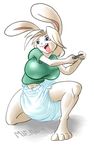  adultbaby animal_ears barefoot blue_eyes breasts bunny_ears diaper furry infantilism large_breasts rabbit simple_background toes tongue_out video_game white_hair 