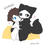  ambiguous_gender anthro black_fur black_sclera black_tail blue_eyes blush canid canine canis changed_(video_game) chano cub digital_media_(artwork) english_text fur hug lin_(changed) mammal paws puro_(changed) sitting smile text white_fur white_tail wolf young 