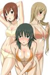  armpits arms_up atsuko bent_over bikini blush breasts brown_hair cleavage large_breasts long_hair maki_(minami-ke) minami-ke minami_haruka multiple_girls swimsuit yuuki1103 