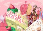  brown_hair cake candle castle eyes food fruit hat icing kenkou_cross monster_girl_encyclopedia multiple_girls official_art pastry ponytail strawberry sweets waffle witch_(monster_girl_encyclopedia) 