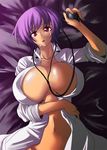  bed breasts cellphone character_request cleavage earphones huge_breasts lying midriff navel open_clothes open_shirt phone purple_hair red_eyes shirt short_hair sleeves_rolled_up solo tears umino_mokuzu_(a4_size) 