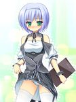  aqua_eyes blue_hair hairband lavender_hair original panties skirt skirt_lift solo striped striped_panties thighhighs underwear waitress white_legwear yuku_(kiollion) 