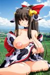  animal_ears bb breasts breasts_out breasts_outside brown_eyes brown_hair cow_ears field hair_ribbon kantori large_breasts long_hair ponytail ribbon sitting smile 