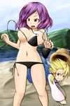  assisted_exposure bikini blonde_hair breasts day hat highres large_breasts moriya_suwako multiple_girls navel nipples purple_hair red_eyes short_hair side-tie_bikini swimsuit tetsuji touhou yasaka_kanako 