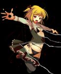  blonde_hair bra darkness dissolving fang garter_belt hair_ribbon ippongui lingerie page_tear panties red_eyes revealing_cutout ribbon rumia short_hair side-tie_panties solo thighhighs tongue touhou underwear 