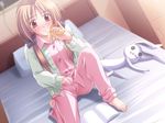  1girl banana barefoot bed blonde_hair blush book character_request clothed_masturbation feet food fruit game_cg hand_in_pants hentai long_hair masturbation red_eyes room sitting solo source_request suck toes 