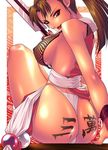  artist_request ass body_writing breasts brown_hair closed_fan fan fatal_fury folding_fan large_breasts long_hair nipples panties red_eyes shiranui_mai solo the_king_of_fighters thong underwear 