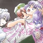  biting blood book braid fangs hair_ribbon hat hong_meiling izayoi_sakuya long_hair maid multiple_girls neck_biting patchouli_knowledge purple_eyes purple_hair red_eyes red_hair ribbon short_hair silver_hair supon touhou twin_braids vampire 