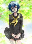  blue_eyes blue_hair houndstooth kurimomo persona persona_4 school_uniform serafuku shirogane_naoto short_hair skirt smile solo tree wind wind_lift yasogami_school_uniform 