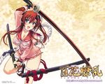  blue_eyes breasts cleavage dual_wielding fang fingerless_gloves gloves holding hyakka_ryouran_samurai_girls katana large_breasts long_hair nishii_(nitroplus) red_hair solo sword wallpaper weapon yagyuu_juubei_(hyakka_ryouran) 