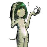  :o ? blush claws empty_eyes flat_chest green_hair hand_on_own_head lowres magic:_the_gathering monster_girl no_nipples no_pussy nude open_mouth scales seirei_(mimi_toka) short_hair simple_background solo standing tail yellow_eyes 