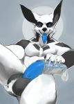  2017 anthro ball_tuft balls big_penis black_fur blue_eyes blue_penis blue_tongue canid canine chest_tuft claws condom cum demon erection fangs filled_condom fox fur hel_(shiretsuna) long_tongue looking_at_viewer lost-paw male mammal muscular nude open_mouth pecs penis piercing smile solo teeth tongue tongue_out tongue_piercing tuft wearing_condom white_fur 